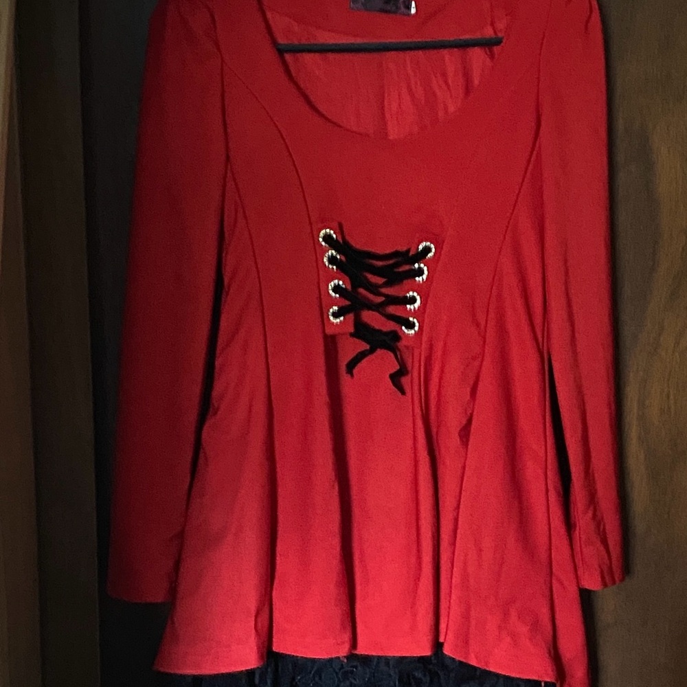 Yulia Red Long Sleeve Top with Black Lace-Up Detail